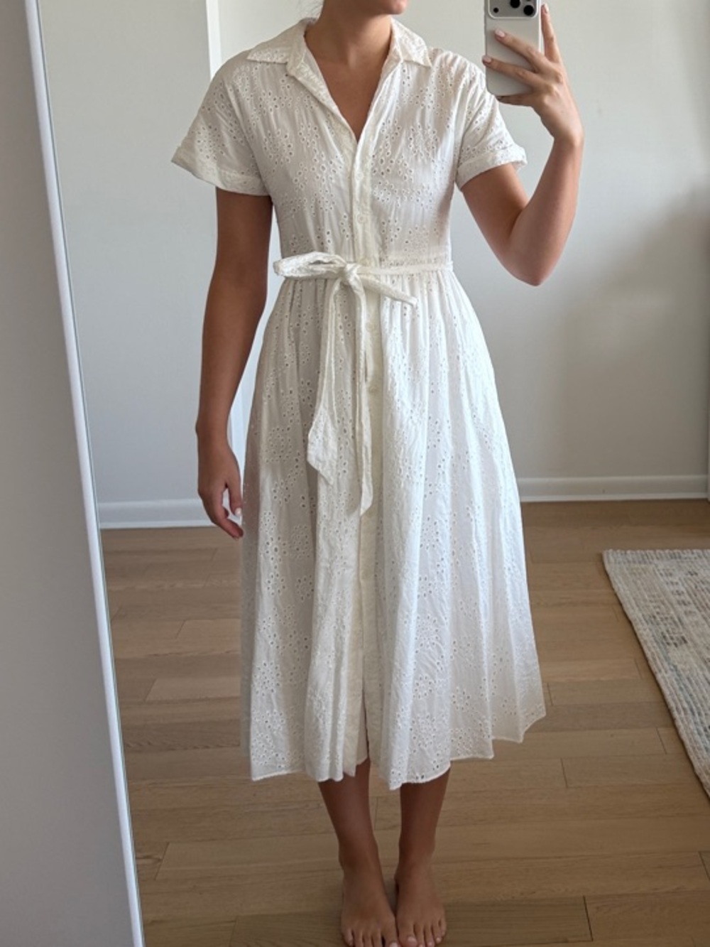 Zara White Eyelet Midi Shirt Dress with Tie Waist